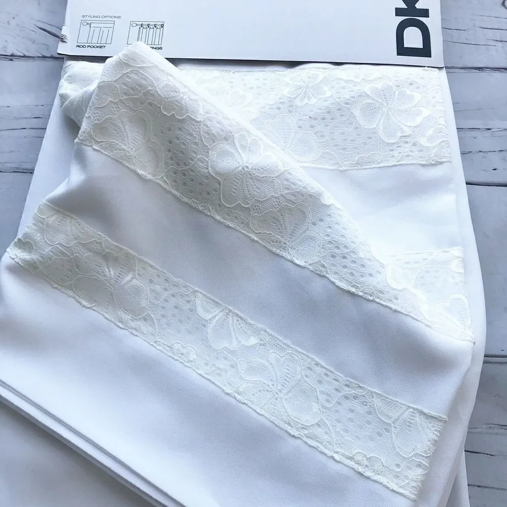 DKNY 2 Window Panels Curtains White Rod Pocket 50x96 City Lace Trim Drapes New